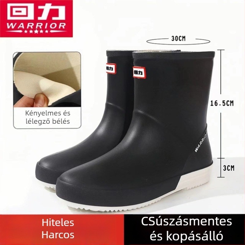 Női esőcsizma, PVC felsőrész, középmagas csizma, vastagított talp, alacsony sarok 1-3 cm, négy évszakos használatra.