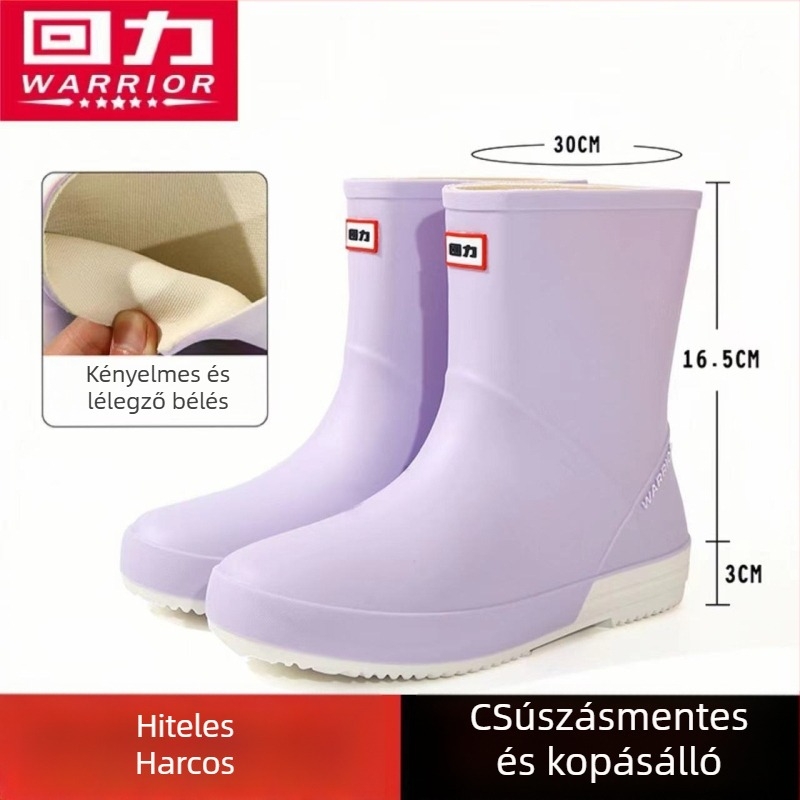 Női esőcsizma, PVC felsőrész, középmagas csizma, vastagított talp, alacsony sarok 1-3 cm, négy évszakos használatra.