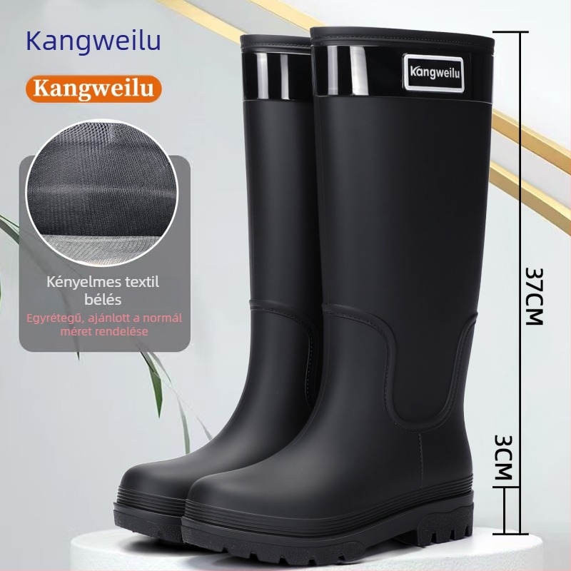 Női PVC esőcsizmák, magas szárú, vastag talpú, alacsony sarokkal (1–3 cm), egyszínű