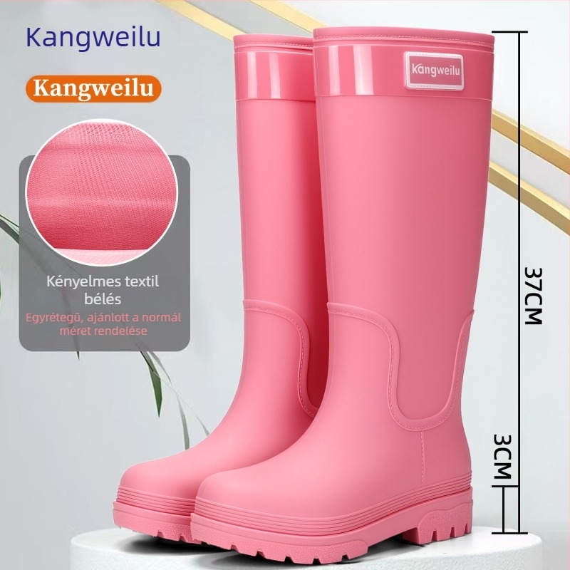 Női PVC esőcsizmák, magas szárú, vastag talpú, alacsony sarokkal (1–3 cm), egyszínű