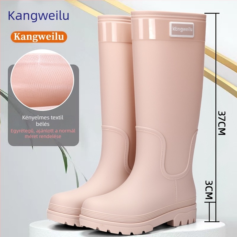 Női PVC esőcsizmák, magas szárú, vastag talpú, alacsony sarokkal (1–3 cm), egyszínű