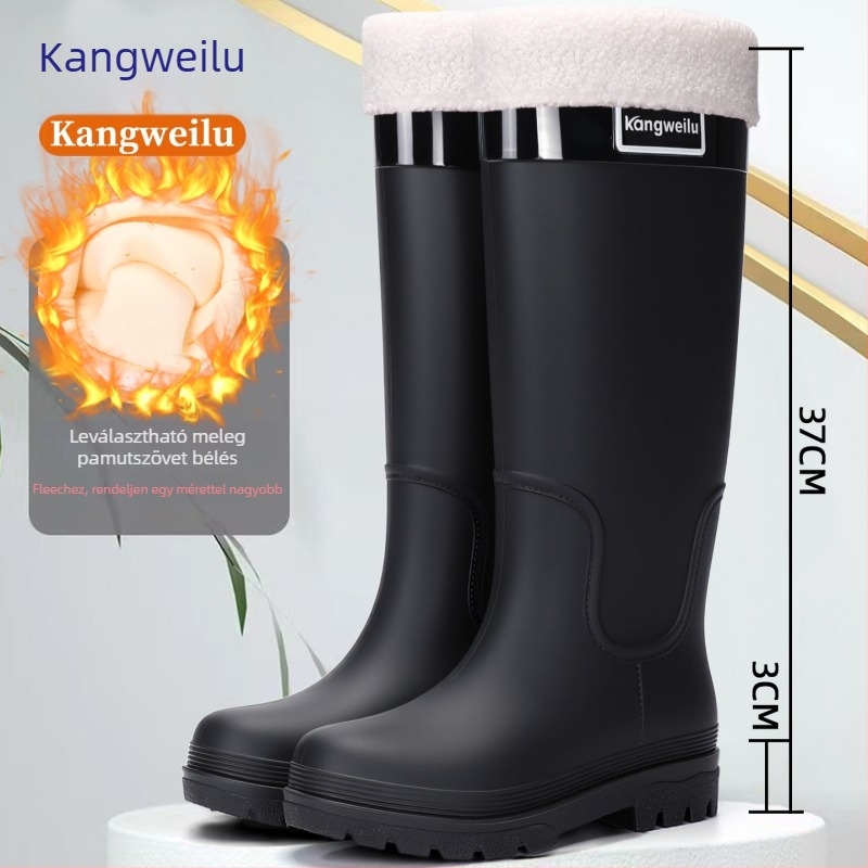 Női PVC esőcsizmák, magas szárú, vastag talpú, alacsony sarokkal (1–3 cm), egyszínű