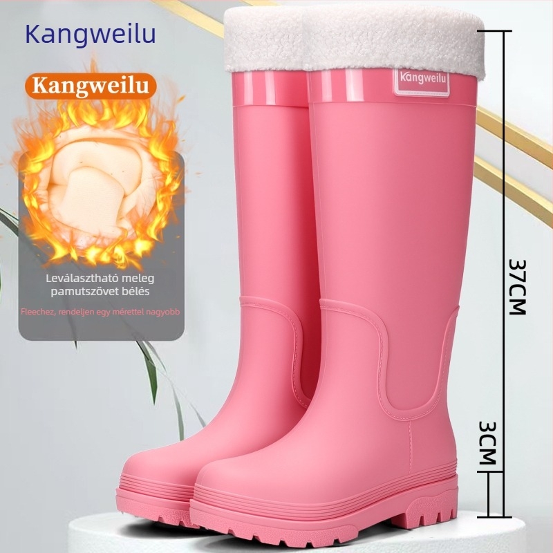 Női PVC esőcsizmák, magas szárú, vastag talpú, alacsony sarokkal (1–3 cm), egyszínű