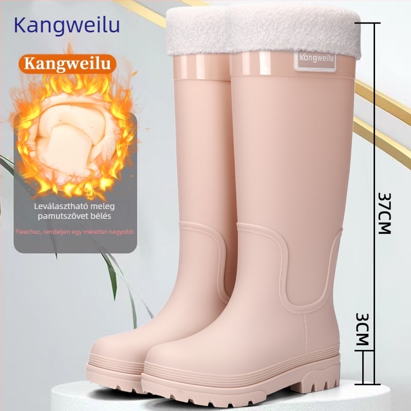 Női PVC esőcsizmák, magas szárú, vastag talpú, alacsony sarokkal (1–3 cm), egyszínű