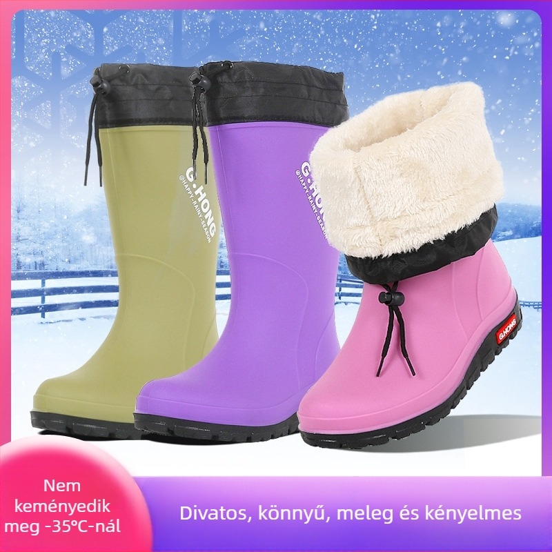 Női téli esőcsizma magas szárú, fleece béléssel, PVC felsőrész, csúszásmentes talppal