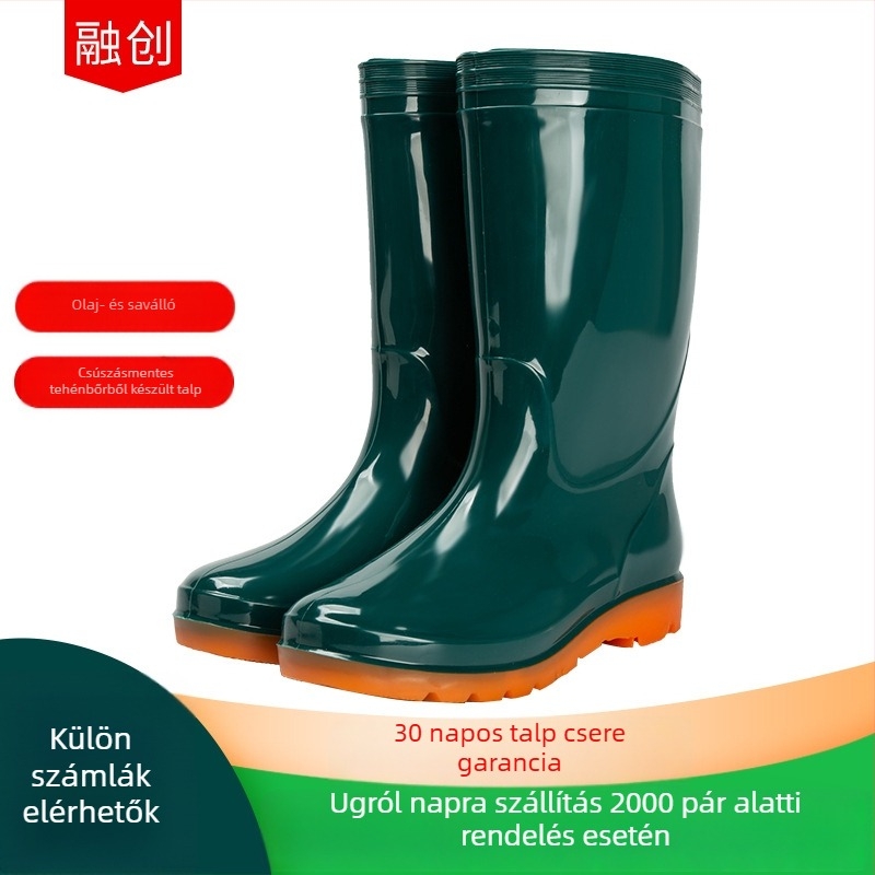 Uniszex PVC esőcsizma, középmagasságú, alacsony sarkú 1–3 cm, egyszínű mintázat, egész éves viselet