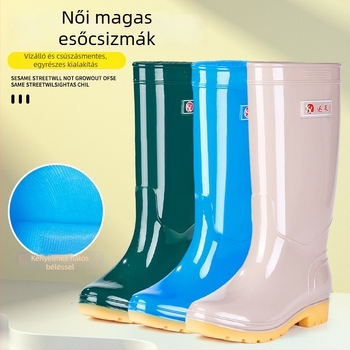 Női magas esőcsizma csúszásmentes PVC felsőrésszel, magas szár, alacsony sarok 1-3 cm, tavaszi-őszi használatra
