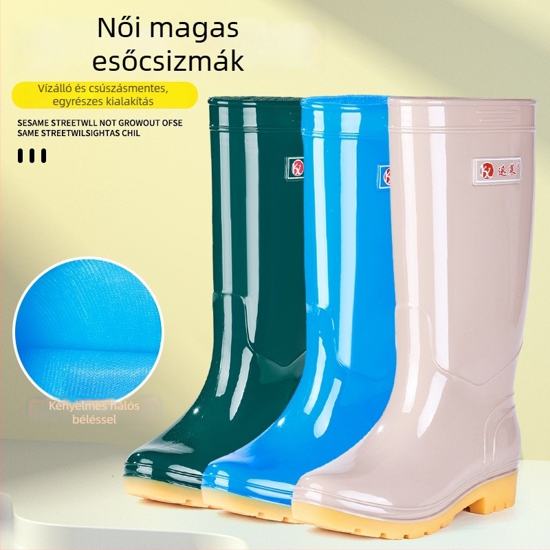 Női magas esőcsizma csúszásmentes PVC felsőrésszel, magas szár, alacsony sarok 1-3 cm, tavaszi-őszi használatra