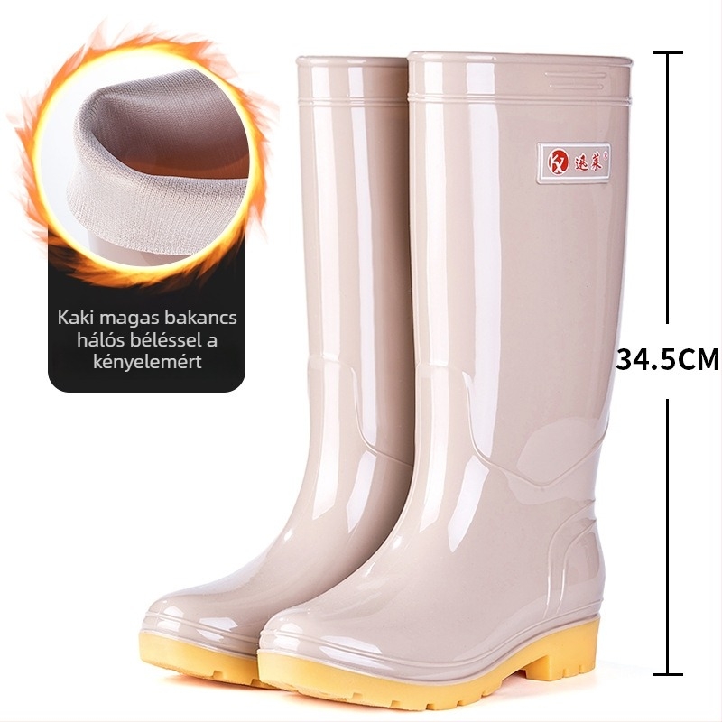 Női magas esőcsizma csúszásmentes PVC felsőrésszel, magas szár, alacsony sarok 1-3 cm, tavaszi-őszi használatra