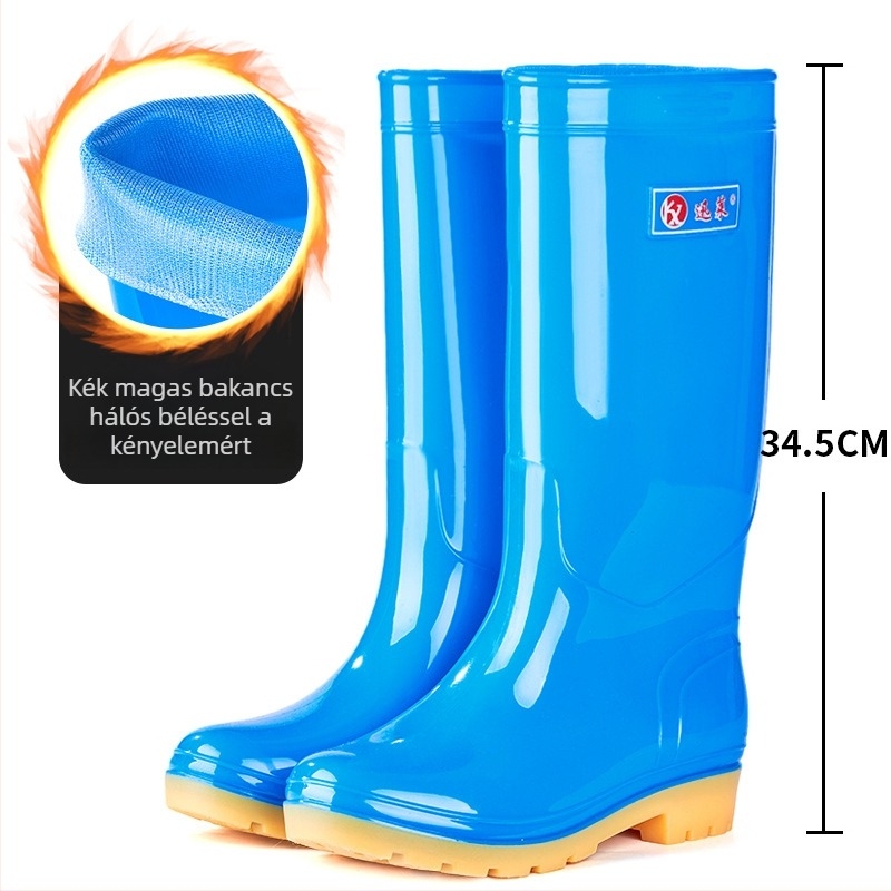 Női magas esőcsizma csúszásmentes PVC felsőrésszel, magas szár, alacsony sarok 1-3 cm, tavaszi-őszi használatra