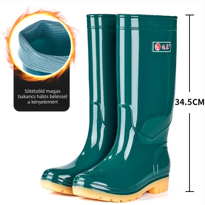 Női magas esőcsizma csúszásmentes PVC felsőrésszel, magas szár, alacsony sarok 1-3 cm, tavaszi-őszi használatra