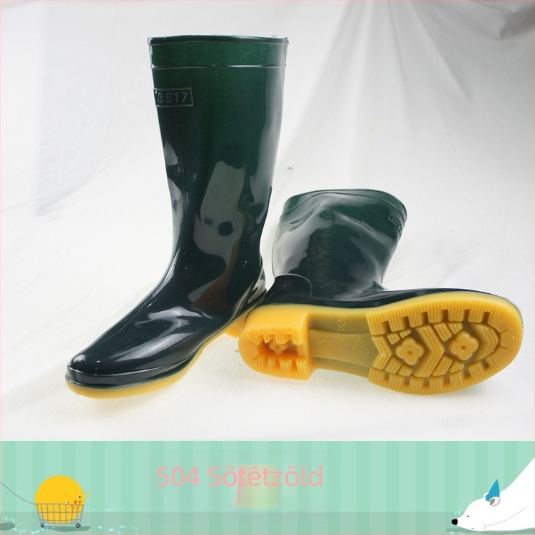 PVC felsőrésszel rendelkező női esőcsizma, középmagas szár, megerősített talp, alacsony sarka 1-3 cm, egyszínű mintázat.