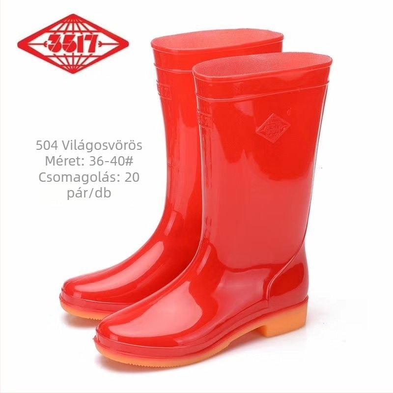 PVC felsőrésszel rendelkező női esőcsizma, középmagas szár, megerősített talp, alacsony sarka 1-3 cm, egyszínű mintázat.