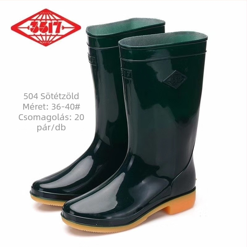 PVC felsőrésszel rendelkező női esőcsizma, középmagas szár, megerősített talp, alacsony sarka 1-3 cm, egyszínű mintázat.