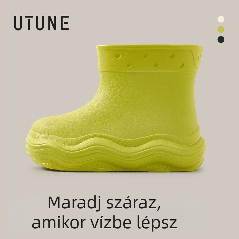 Női esőcsizma minden évszakhoz, vízálló EVA felső rész, középmagas szár, csúszásmentes puha EVA talp, magasságot növelő 3–5 cm sarok