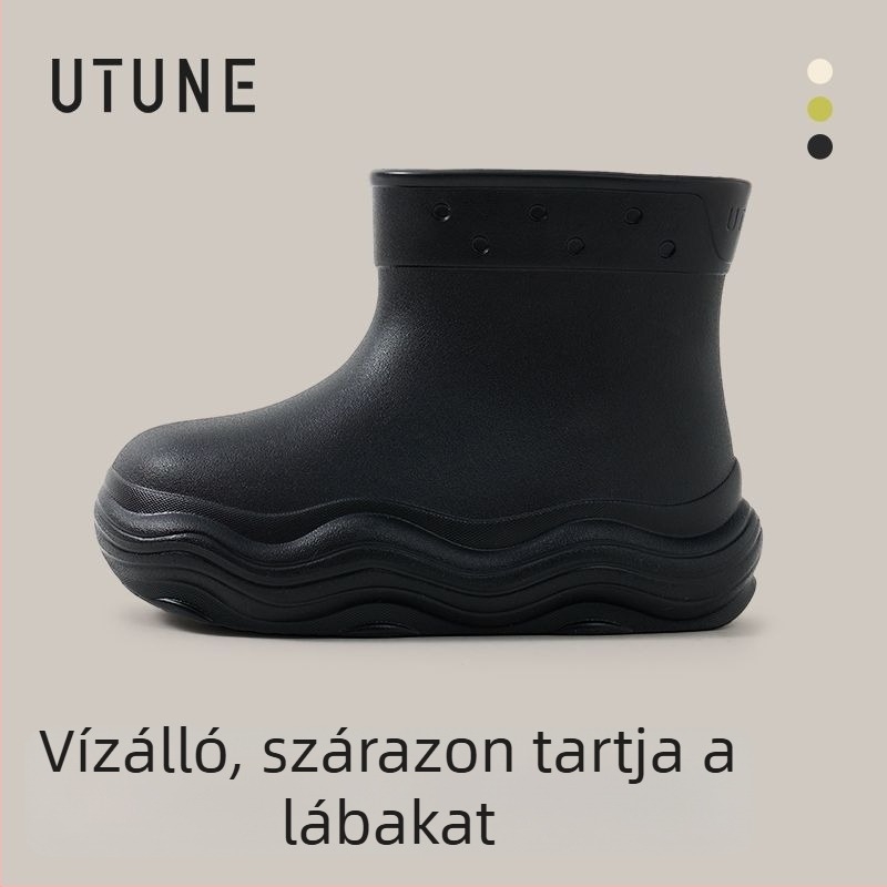 Női esőcsizma minden évszakhoz, vízálló EVA felső rész, középmagas szár, csúszásmentes puha EVA talp, magasságot növelő 3–5 cm sarok