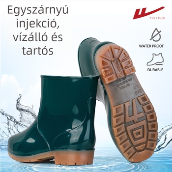 Női esőcsizma: vízálló, csúszásmentes, kopásálló PVC felső rész, alacsony sarkú 1–3 cm