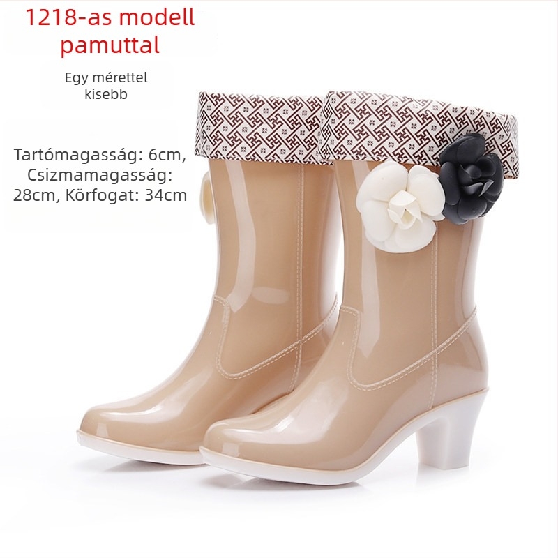 Női esőcsizma virágos mintával, PVC felsőrész, középmagas szár, 6–8 cm-es magas sarkú