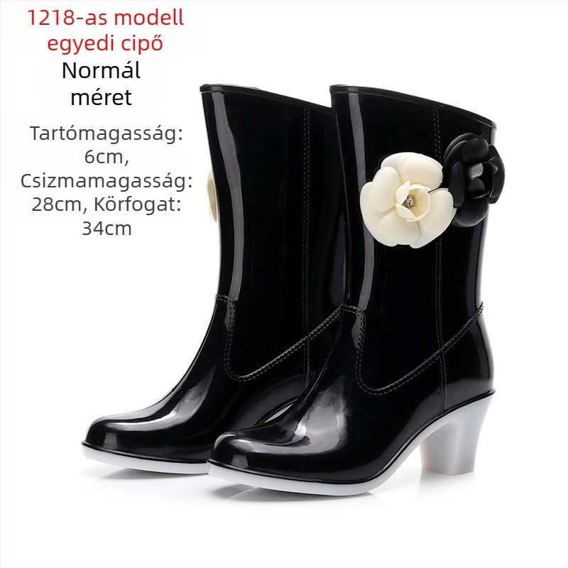 Női esőcsizma virágos mintával, PVC felsőrész, középmagas szár, 6–8 cm-es magas sarkú