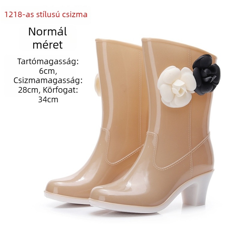 Női esőcsizma virágos mintával, PVC felsőrész, középmagas szár, 6–8 cm-es magas sarkú