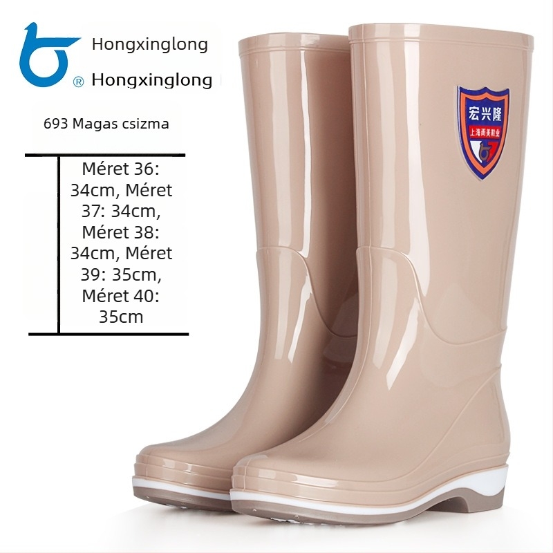 Női PVC esőcsizma, magas szár, vízálló, csúszásmentes gumitalp, alacsony sarok 1–3 cm