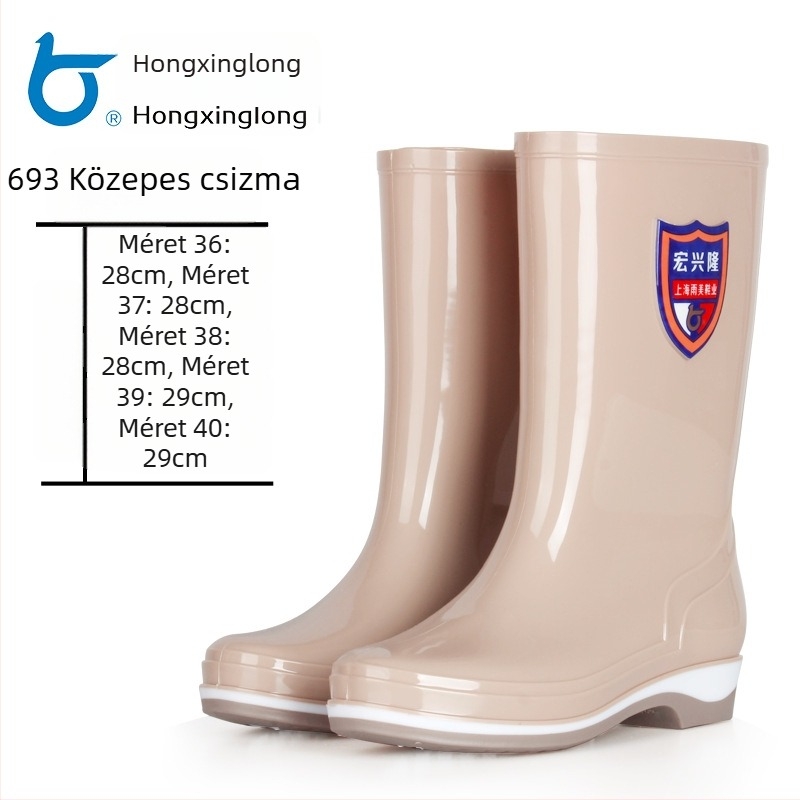 Női PVC esőcsizma, magas szár, vízálló, csúszásmentes gumitalp, alacsony sarok 1–3 cm