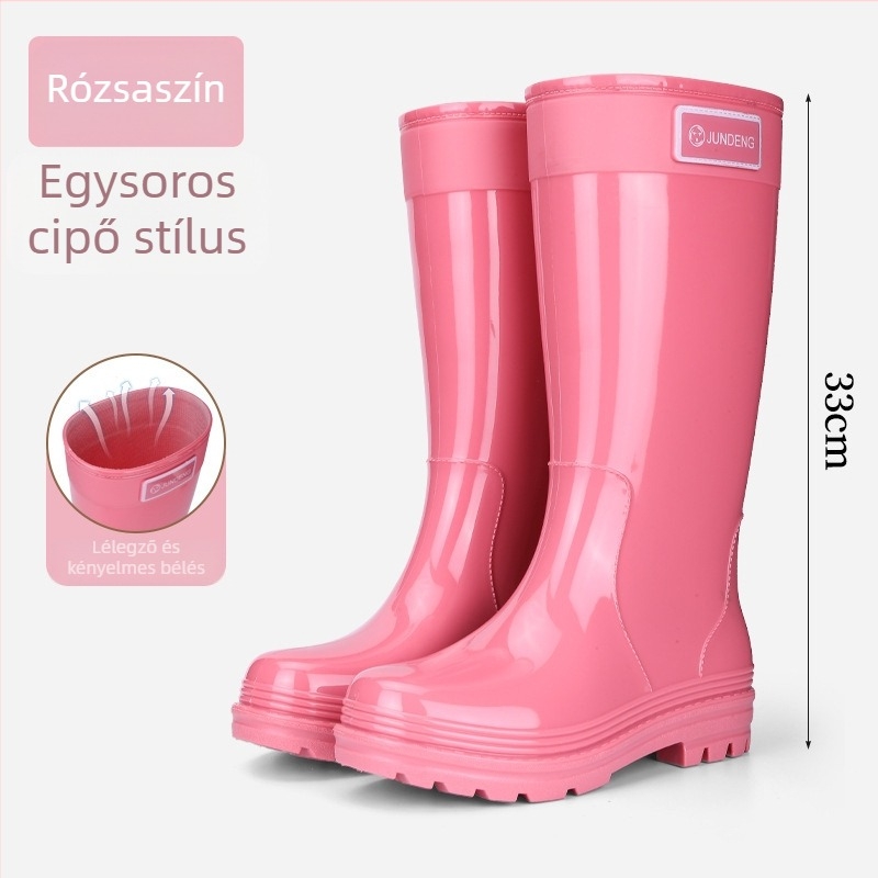 Női esőcsizma, magas szárú, PVC felső rész, alacsony sarka 1–3 cm, egyszínű, minden évszakra