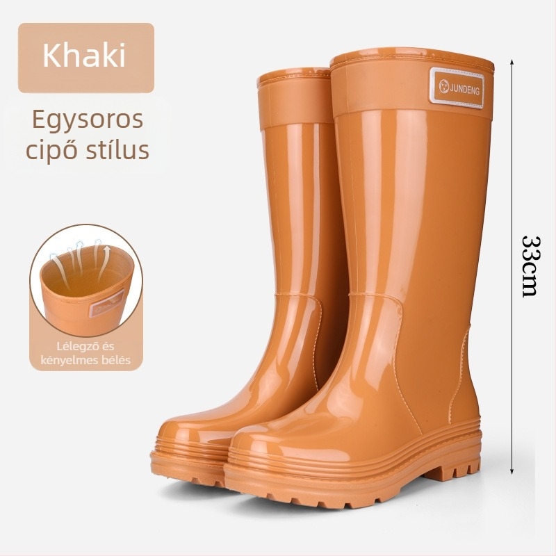 Női esőcsizma, magas szárú, PVC felső rész, alacsony sarka 1–3 cm, egyszínű, minden évszakra