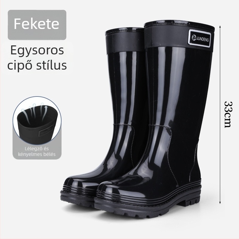 Női esőcsizma, magas szárú, PVC felső rész, alacsony sarka 1–3 cm, egyszínű, minden évszakra