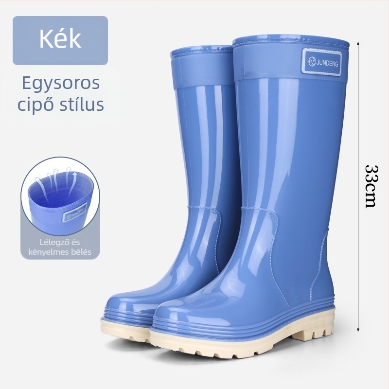 Női esőcsizma, magas szárú, PVC felső rész, alacsony sarka 1–3 cm, egyszínű, minden évszakra