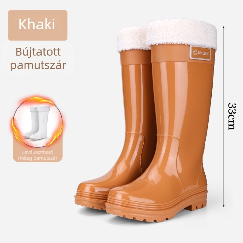 Női esőcsizma, magas szárú, PVC felső rész, alacsony sarka 1–3 cm, egyszínű, minden évszakra