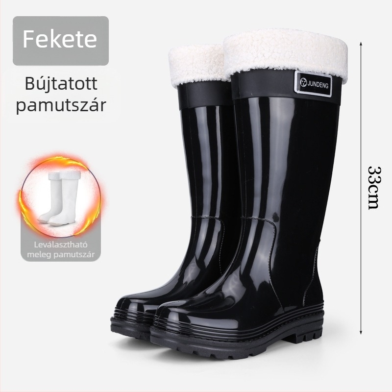 Női esőcsizma, magas szárú, PVC felső rész, alacsony sarka 1–3 cm, egyszínű, minden évszakra