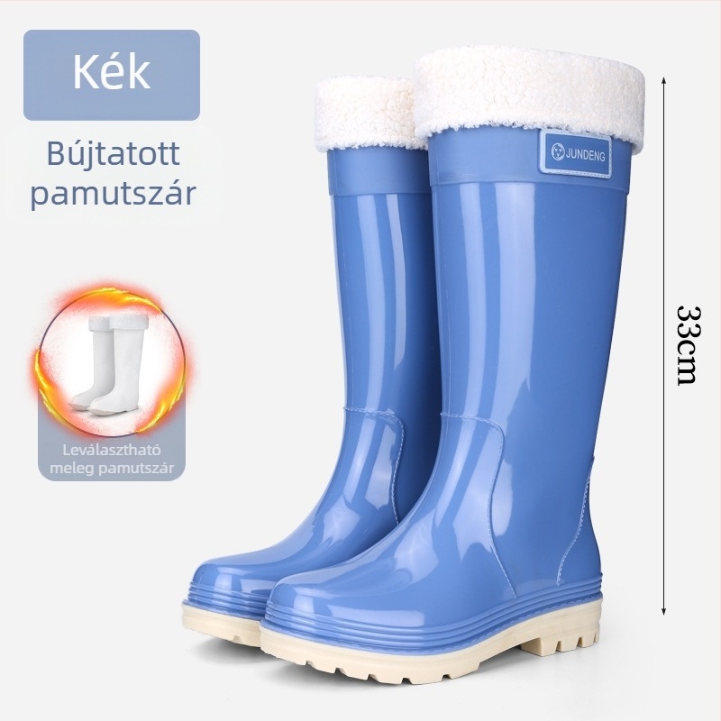 Női esőcsizma, magas szárú, PVC felső rész, alacsony sarka 1–3 cm, egyszínű, minden évszakra