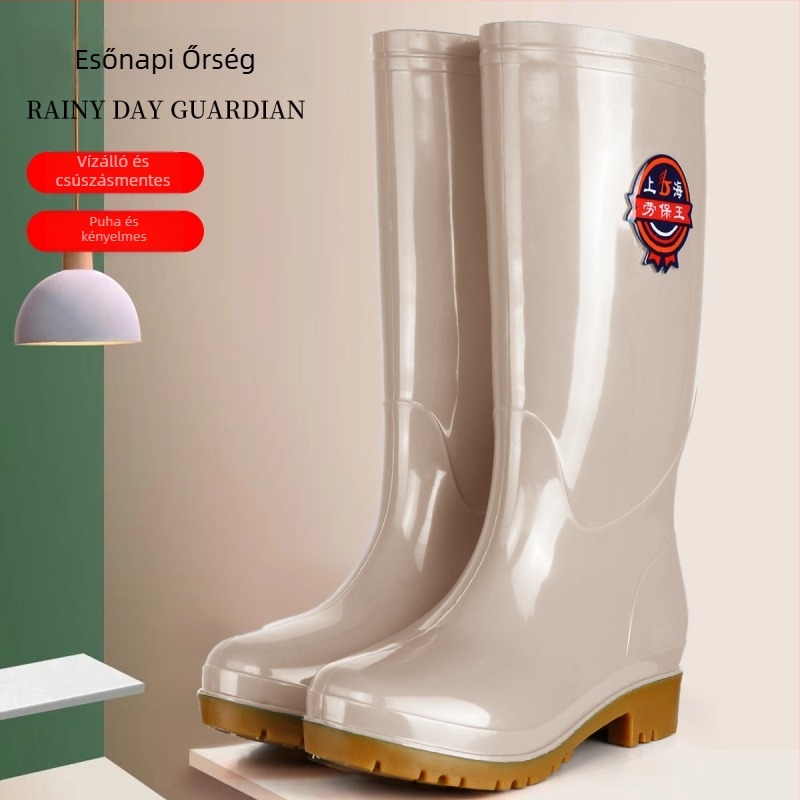 Női esőcsizmák, magasan érő szár, csúszásmentes talp, alacsony sarok 1–3 cm, műanyag felső rész