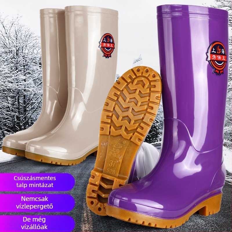 Női esőcsizmák, magasan érő szár, csúszásmentes talp, alacsony sarok 1–3 cm, műanyag felső rész