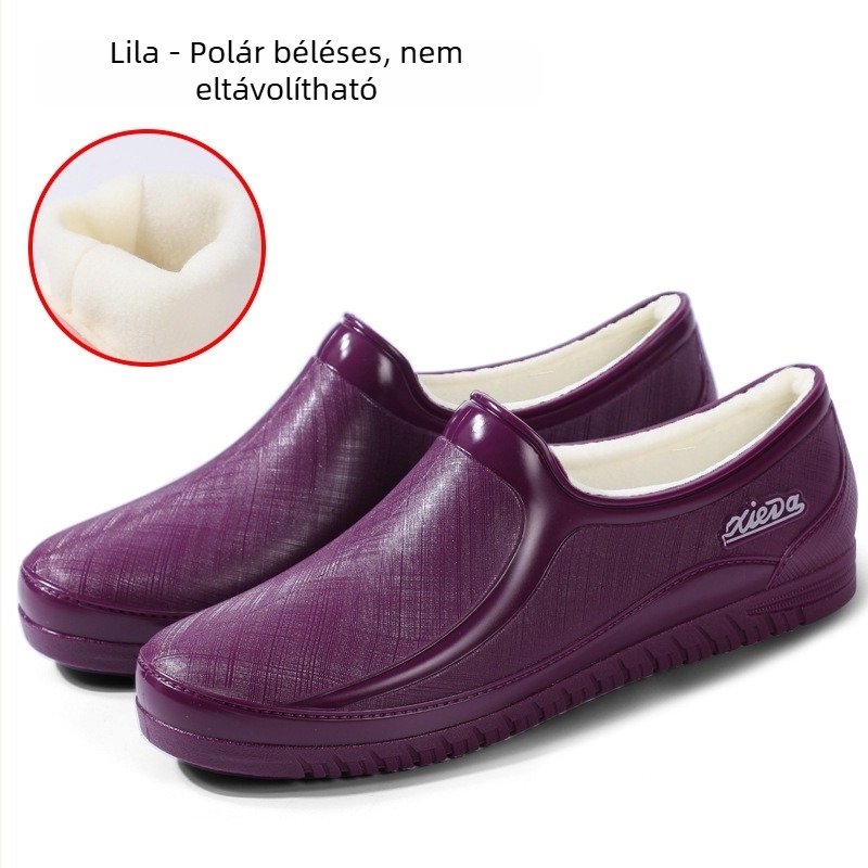 Női alacsony esőcsizma PVC-ből, vízálló, fleece béléssel, rövid szárú, tavasz–ősz