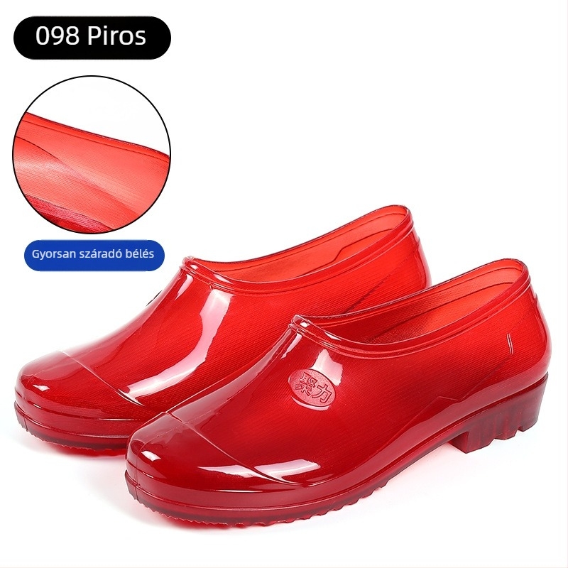 Női esőcsizmák, PVC felsőrész, alacsony szár, 1–3 cm-es alacsony sarok, csúszásmentes talp, gyorsan száradó
