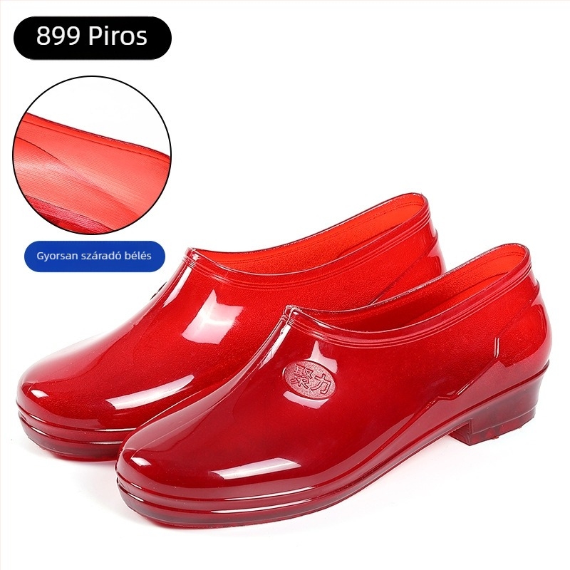 Női esőcsizmák, PVC felsőrész, alacsony szár, 1–3 cm-es alacsony sarok, csúszásmentes talp, gyorsan száradó