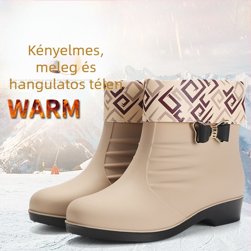 Női esőcsizmák fleece béléssel, koreai stílusban, vízálló, csúszásmentes talppal, alacsony szár