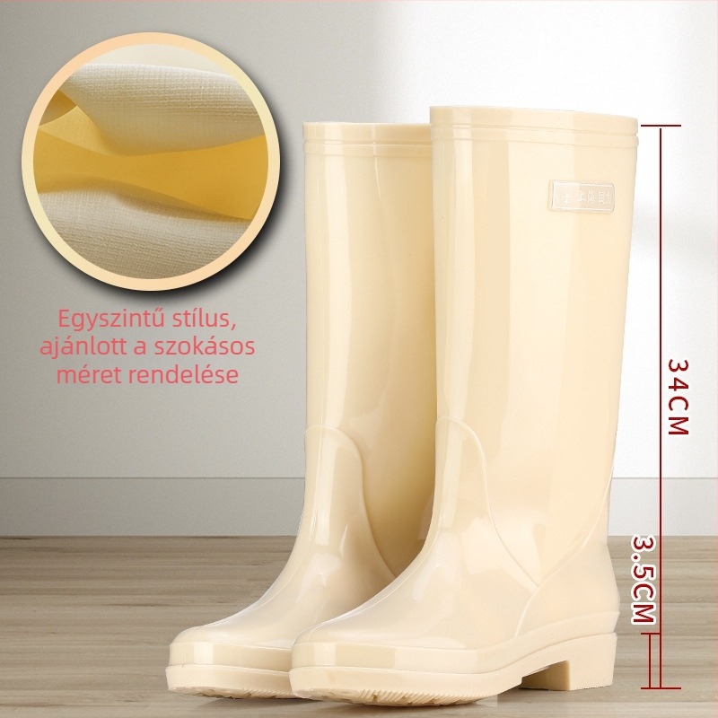 Női magas esőcsizma, PVC felső, vízálló és csúszásmentes, alacsony sarka 1–3 cm