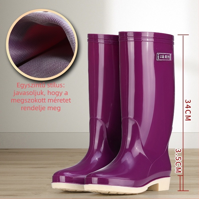 Női magas esőcsizma, PVC felső, vízálló és csúszásmentes, alacsony sarka 1–3 cm