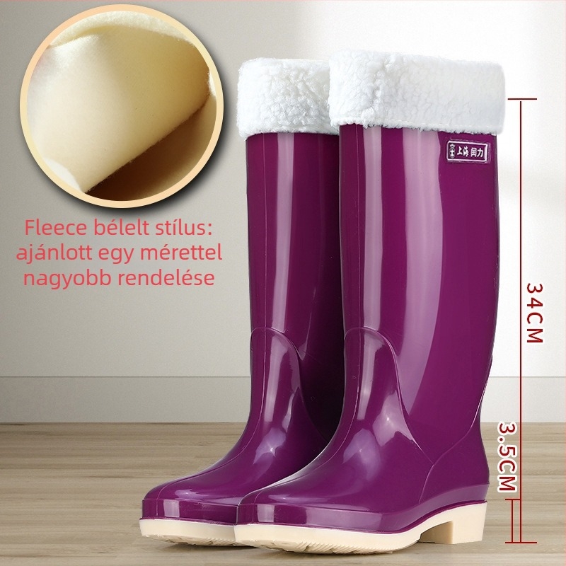 Női magas esőcsizma, PVC felső, vízálló és csúszásmentes, alacsony sarka 1–3 cm