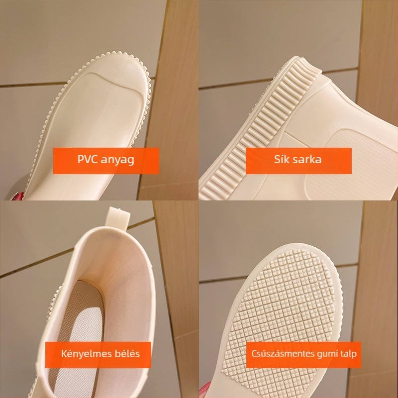 Női PVC esőcsizmák, alacsony felső rész, csúszásmentes vízálló, vastag talp, lapos sarok, négy évszakos viselés
