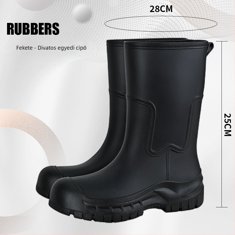 Gongli női esőcsizma középmagos szárú, vízálló PVC felső rész, vastagított talp a magasság növeléséért, alacsony sarok 1–3 cm, csúszásmentes szilikon talp, egyszínű