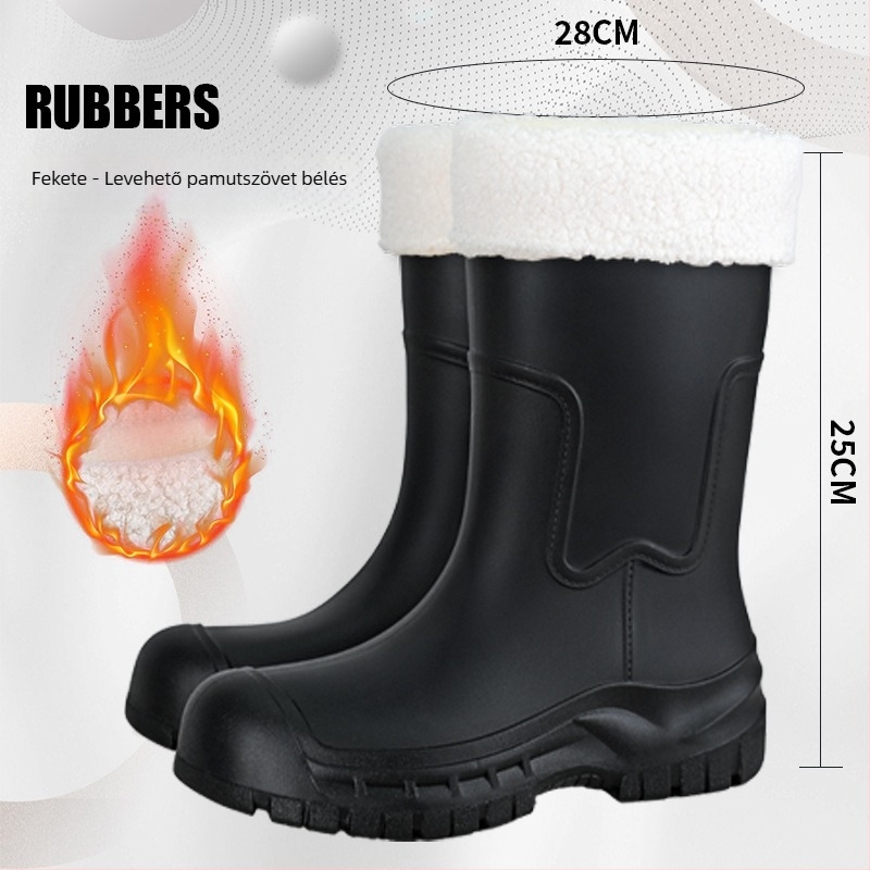 Gongli női esőcsizma középmagos szárú, vízálló PVC felső rész, vastagított talp a magasság növeléséért, alacsony sarok 1–3 cm, csúszásmentes szilikon talp, egyszínű