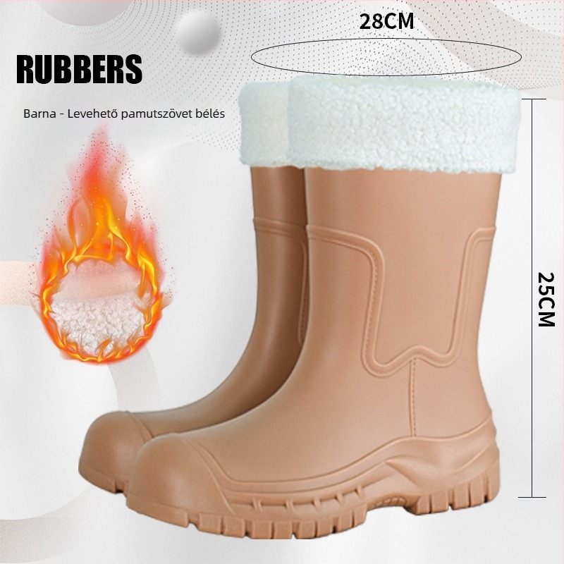 Gongli női esőcsizma középmagos szárú, vízálló PVC felső rész, vastagított talp a magasság növeléséért, alacsony sarok 1–3 cm, csúszásmentes szilikon talp, egyszínű