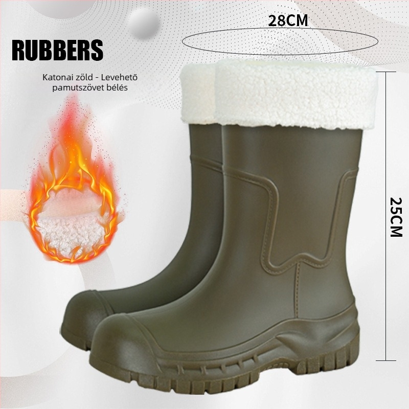 Gongli női esőcsizma középmagos szárú, vízálló PVC felső rész, vastagított talp a magasság növeléséért, alacsony sarok 1–3 cm, csúszásmentes szilikon talp, egyszínű