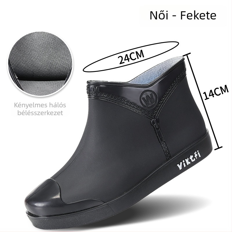 Női esőcsizmák, PVC felsőrész, alacsony szár, lapos sarok, egyszínű minta, tavasz–ősz