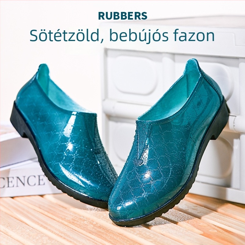 Női alacsony talpú esőcsizma, slip-on, vízálló, pamuttal bélelt, fekete talppal, négy évszakos használatra.