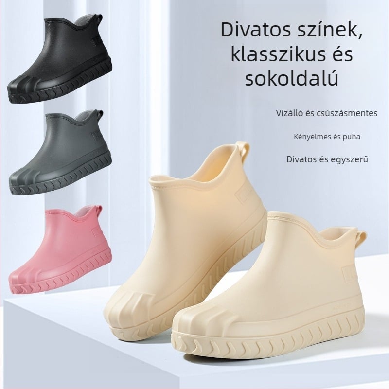 Női esőcsizma, PVC felsőrész, alacsony sarok (1–3 cm), rövid szár, fleece-bélés